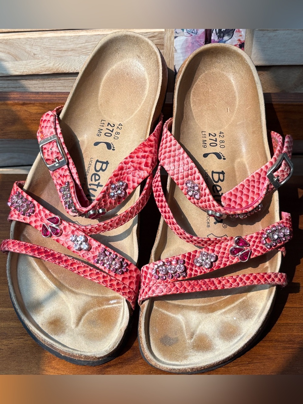 Betula by Birkenstock 42 Pink Embossed Jeweled Sandals
